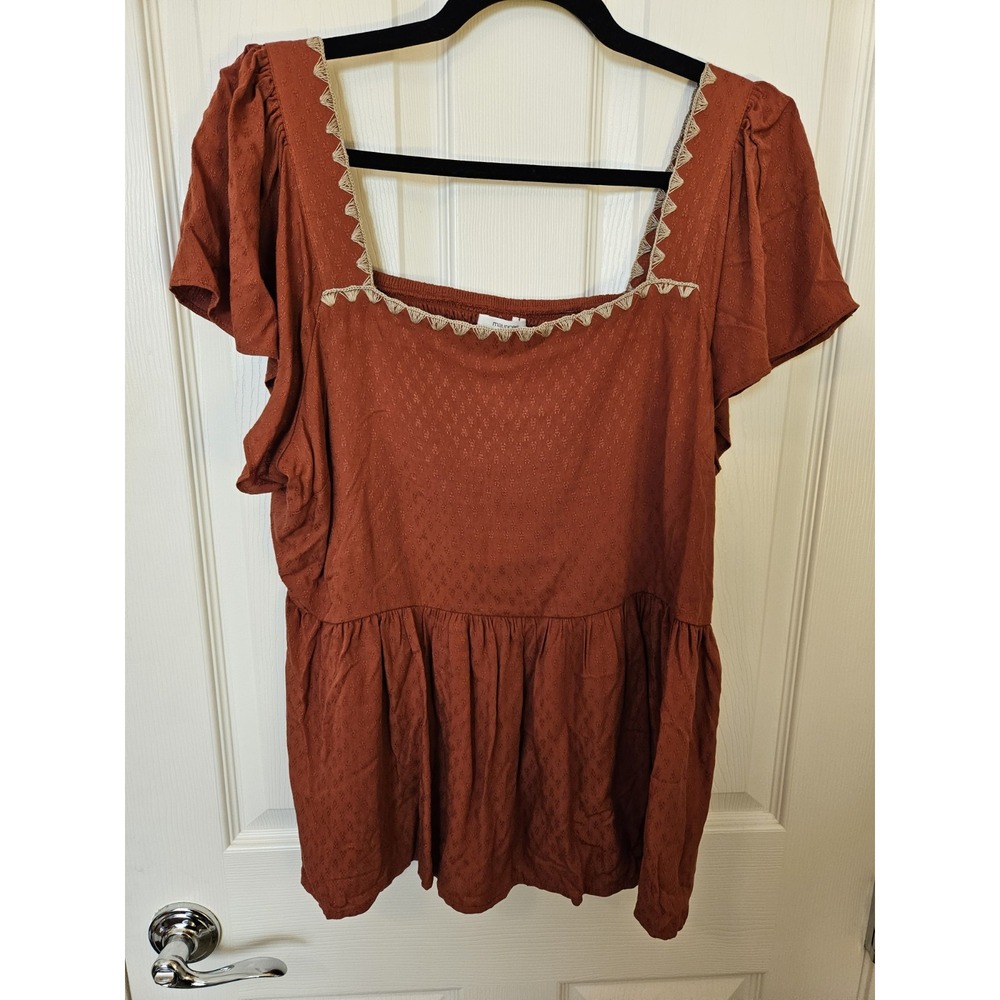 NWT Maurices Dark Orange SS Babydoll Embroidered Smocked Sq. Neckline Top, Sz XL